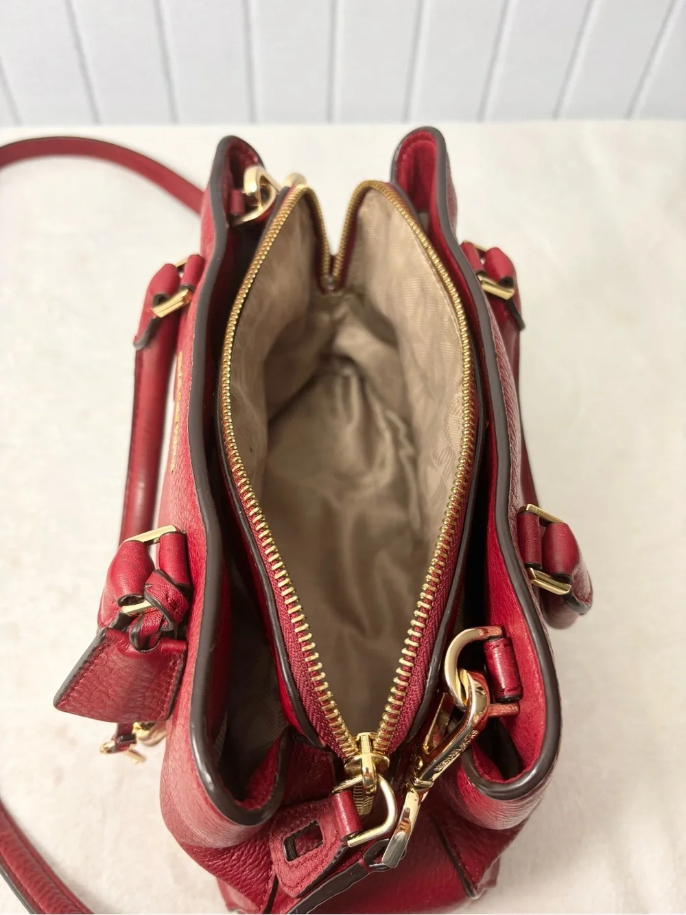 Michael Kors Leather Camille Satchel Cherry Red  with gold‎ hardware